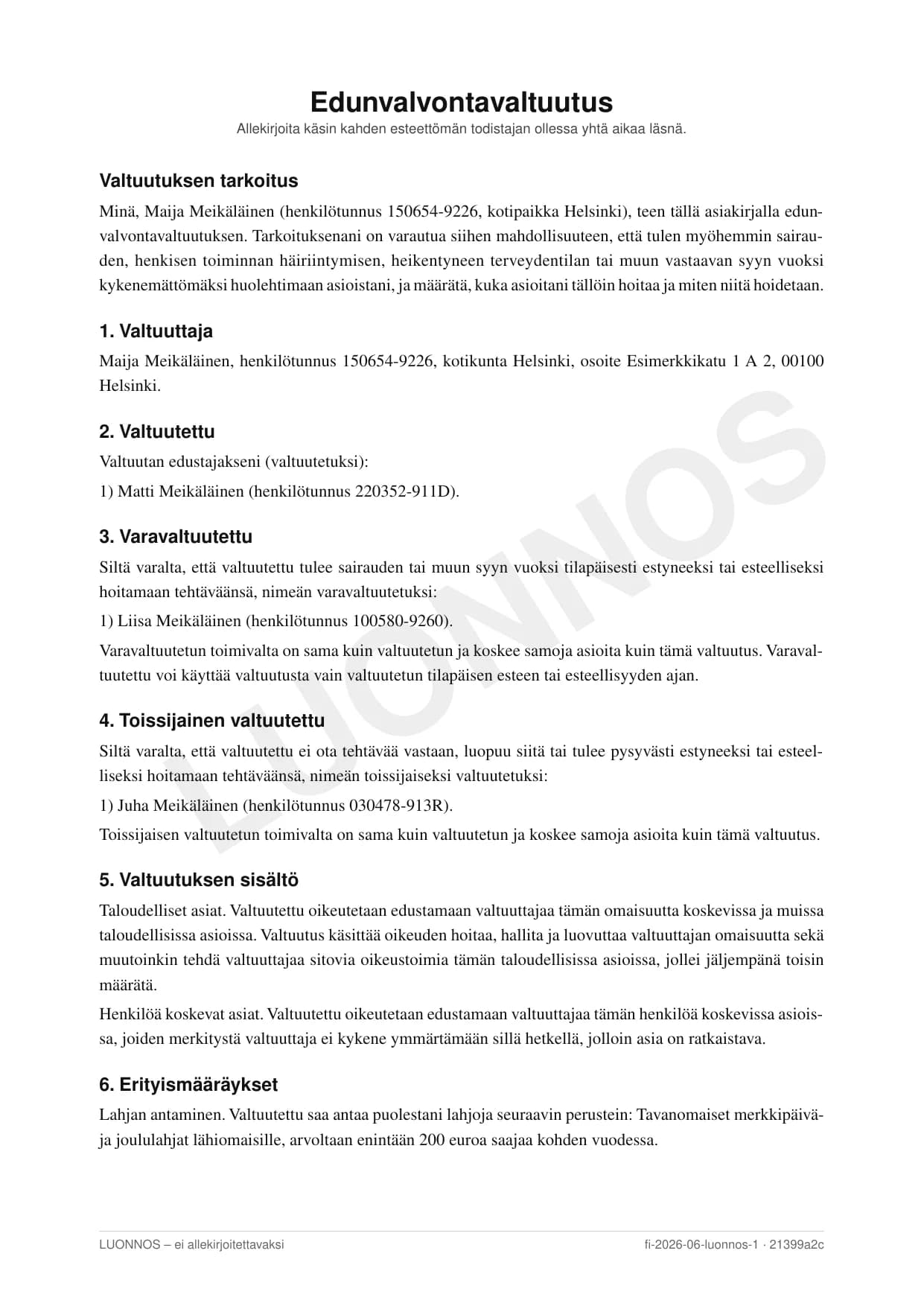 PDF-esikatselu edunvalvontavaltakirjan ensimmäisestä sivusta kuvitteellisilla tiedoilla, LUONNOS-vesileimalla